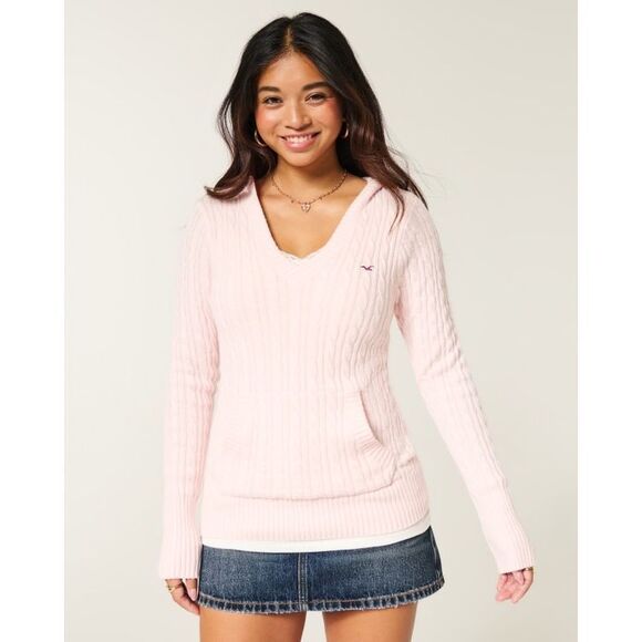 Hollister Sweaters - NWT! Hollister Pink Cable Knit V Neck Hoodie Sweater XL